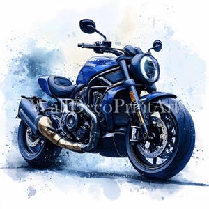 Pacchetto Clipart Moto Blu - 10 JPG di alta qualità - Download digitale - Uso commerciale Acquerello Tecnica mista Carta digitale Moto classica