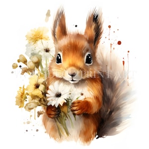 Pacchetto di clipart di scoiattoli carini con fiori - 10 JPG di alta qualità - Download digitali - Uso commerciale, acquerello, tecniche miste, artigianato di carta