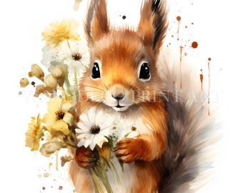 Cute Squirrel With Flowers Clipart Bundle - 10 High Quality JPGs - Digital Downloads - Commercial Use, Watercolor, Mixed Media, Paper Craft
