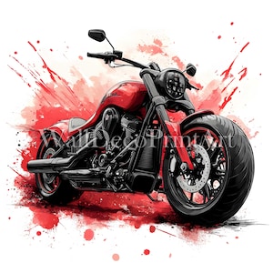 Paquete de imágenes prediseñadas de motocicletas rojas: 10 imágenes JPG de alta calidad, descarga digital, uso comercial, acuarela, técnica mixta, papel digital, motocicleta clásica.