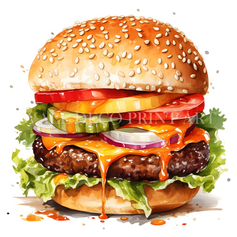 Peut inclure: Un hamburger juteux avec un pain au s&eacute;same, de la laitue, de la tomate, de l'oignon, des cornichons et du fromage fondu. Le hamburger d&eacute;gouline de sauce et a l'air d&eacute;licieux.