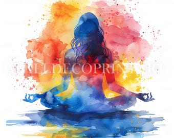 Imágenes prediseñadas coloridas de 10 mujeres meditando en yoga - JPG de alta calidad - Descarga digital - Uso comercial, técnica mixta de acuarela, papel digital
