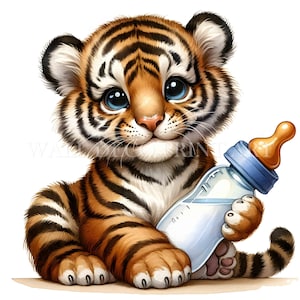 Baby Tiger and Bottle Clipart Bundle - 10 High Quality Images - Digital Download - Commercial Use Watercolor Mixed Media Digital Paper Craft