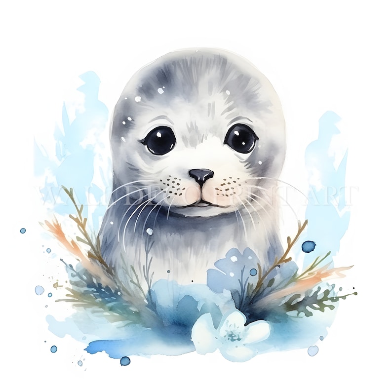 May include: A watercolor painting of a cute baby seal with big brown eyes. The seal is surrounded by blue and white flowers and leaves. The background is a light blue watercolor wash.