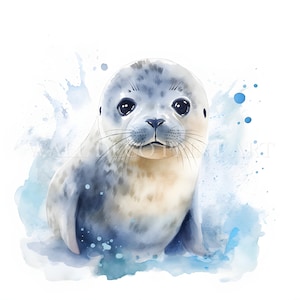 May include: A watercolor painting of a baby seal with blue and white splatter paint in the background.