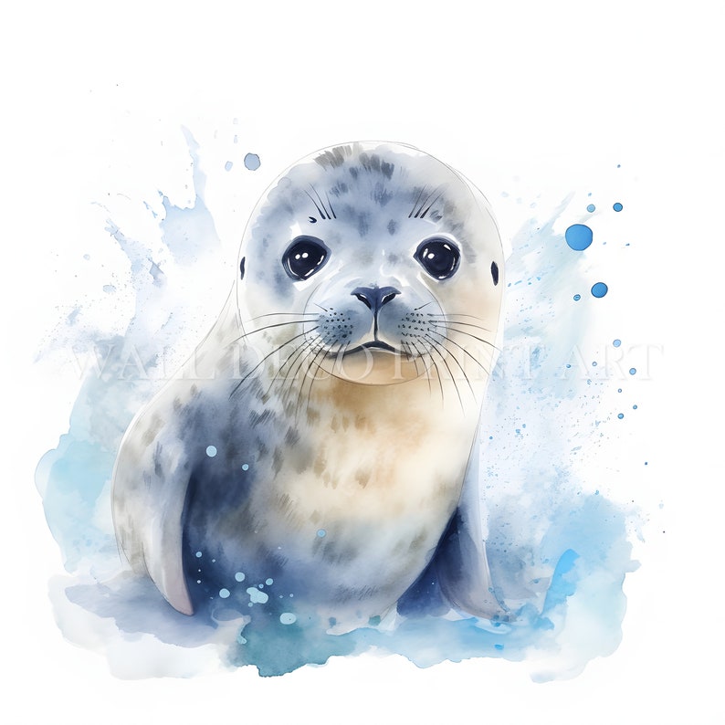 May include: A watercolor painting of a baby seal with blue and white splatter paint in the background.