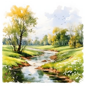 Pacchetto Clipart Paesaggio Primaverile - 10 JPG di Alta Qualità - Download Digitali - Uso Commerciale, Acquerello, Tecnica Mista, Carta Digitale