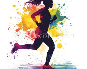 Può includere: Silhouette di una persona che corre su uno sfondo acquerellato colorato. La persona indossa una maglietta e pantaloncini scuri e ha i capelli raccolti in una coda di cavallo.