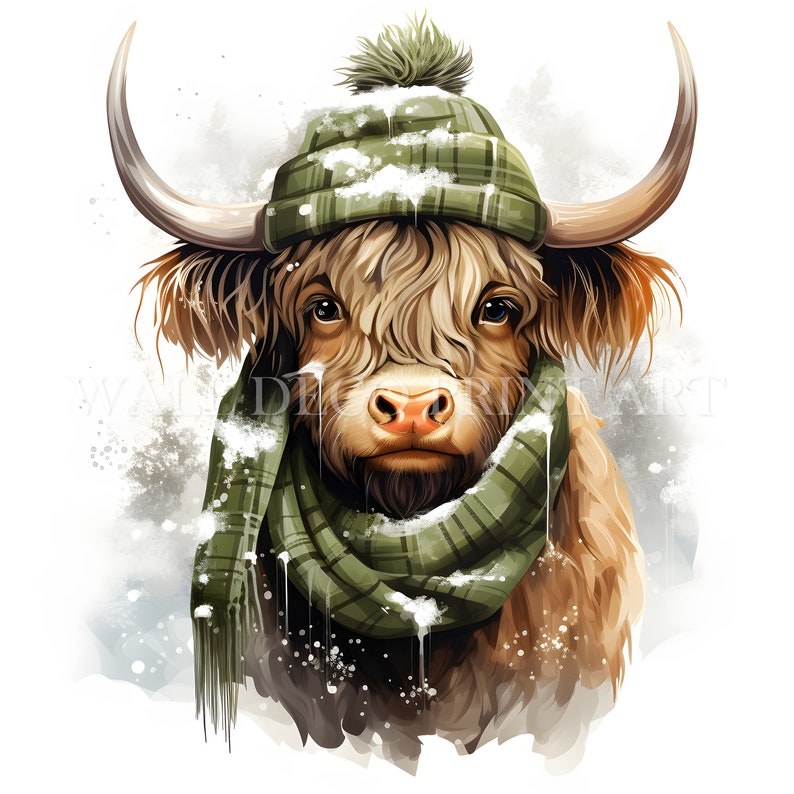Cute Winter Highland Cow Clipart Bundle - 9 High Quality Jpgs - Digital ...