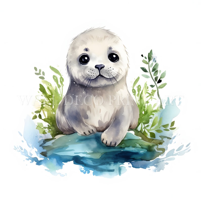 May include: A watercolor painting of a cute baby seal sitting on a rock with green plants and blue water around it.