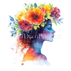 Paquete de 12 imágenes prediseñadas de coronas de flores de chicas hipster - Imagen de alta calidad - Descarga digital - Uso comercial - Acuarela - Técnica mixta - Papel imprimible