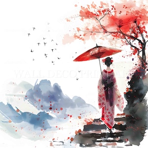 Prachtige geisha-clipartbundel - 10 hoge kwaliteit JPG's - Digitale downloads - Commercieel gebruik, aquarel, Mixed media, Digital Paper Craft