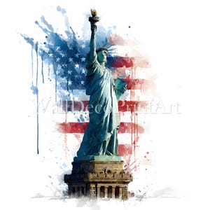 Conjunto de 10 clipart coloridos da Estátua da Liberdade, ilustração em aquarela de alta resolução, download digital, impressão, uso comercial, arte patriótica dos EUA