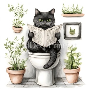 Pacchetto di clipart divertenti per gatti da bagno - 10 JPG di alta qualità - Download digitale Uso commerciale Acquerello Tecnica mista Carta digitale Toilette Gattino