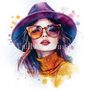 Paquete de 12 imágenes prediseñadas de retratos de chicas hipster - Imagen de alta calidad - Descarga digital - Uso comercial - Acuarela - Técnica mixta - Papel imprimible