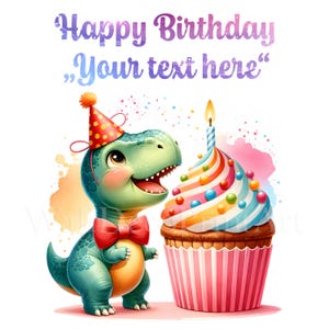Tarjeta de feliz cumpleaños personalizada de DINOSAURIO con TU TEXTO/nombre - Descargas digitales - Uso comercial - Acuarela - Técnica mixta - Manualidades digitales en papel