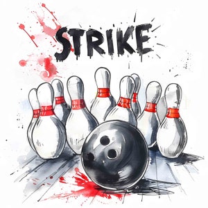 Bowling STRIKE Clipart Bundle - 10 JPG di alta qualità - Download digitali - Uso commerciale, acquerello, tecniche miste, artigianato digitale su carta