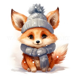 May include: A cute cartoon fox wearing a gray knitted hat with a white pom-pom and a gray scarf. The fox has orange fur and big brown eyes. The background is white with a few snowflakes.