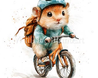 Cute Hamster on Bicycle Clipart Bundle - 6 High Quality JPGs - Digital Downloads - Commercial Use Watercolor Mixed Media Digital Paper Craft