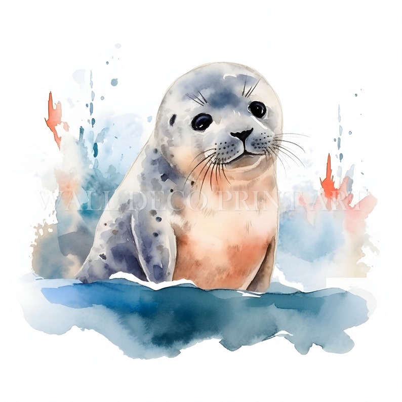 May include: A watercolor painting of a grey seal pup with black eyes, sitting in blue water with a watercolor background of orange and blue.