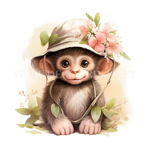 Carino pacchetto di clipart di scimmie con fiori primaverili - 10 JPG di alta qualità - Download digitale - Uso commerciale, acquerello, tecniche miste, carta digitale