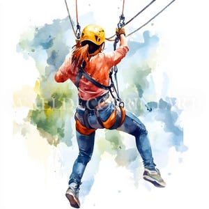 May include: A person wearing a yellow helmet and a red shirt is harnessed and attached to ropes, ziplining through the air. The background is a watercolor wash of blue, green, and white.