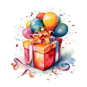 Paquete de imágenes prediseñadas de REGALOS de cumpleaños: 14 archivos JPG de alta calidad, descargas digitales, uso comercial, acuarela, técnica mixta, manualidades con papel digital