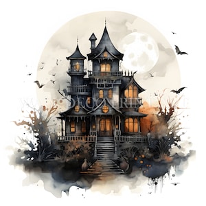 Pacchetto Clipart Casa Stregata di Halloween - 6 JPG di alta qualità - Download digitale - Uso commerciale, Acquerello, Tecnica mista, Carta digitale