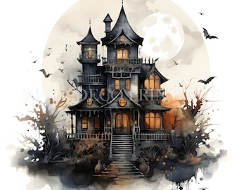 Halloween Haunted House Clipart Bundle - 6 High Quality JPGs - Digital Download - Commercial Use, Watercolor, Mixed Media, Digital Paper
