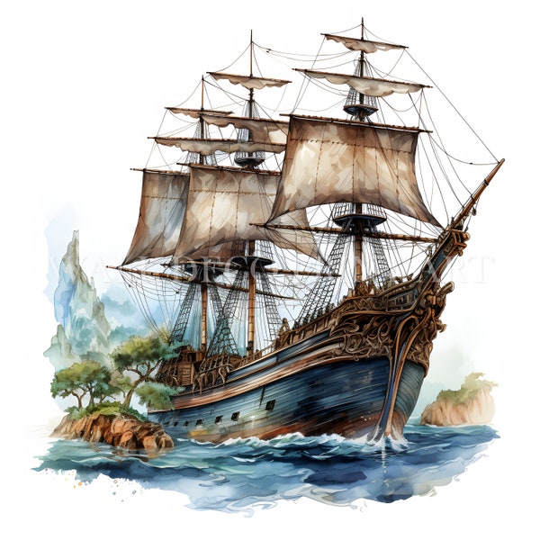 Bundle de cliparts bateau pirate - 12 fichiers JPG de haute qualité - téléchargements numériques - utilisation commerciale, aquarelle, techniques mixtes, créations numériques en papier