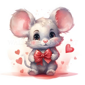 10 lindos ratones de San Valentín - Imágenes prediseñadas en formato JPG de alta calidad - Descarga digital Uso comercial Acuarela Técnica mixta Manualidades en papel digitales Animales lindos