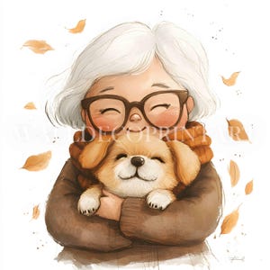 10 imágenes prediseñadas de abuela y perro: archivos JPG de alta calidad, descargas digitales, uso comercial, acuarela, medios imprimibles, manualidades digitales en papel, arte