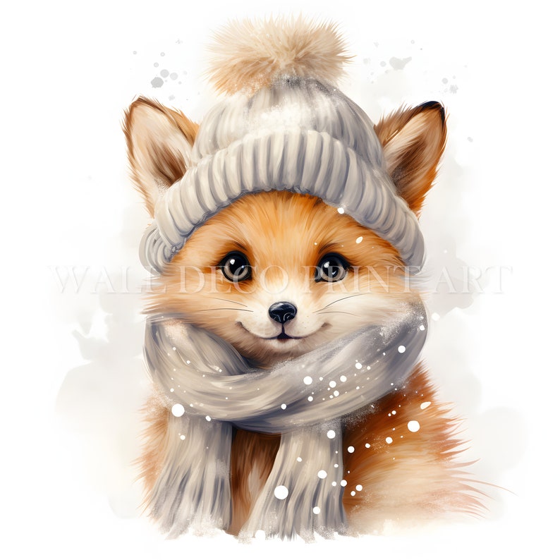 May include: A cute fox wearing a gray knit hat with a white pom pom and a gray scarf. The fox has orange fur and big brown eyes. The background is a white watercolor wash.