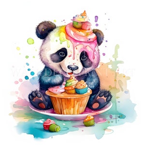 Pacote de clipart de aniversário PANDA - 10 JPGs de alta qualidade - Downloads digitais - Uso comercial, aquarela, mídia mista, artesanato em papel digital
