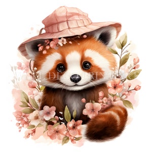 Pacote de clipart de panda vermelho com flores fofas de primavera - 10 JPG de alta qualidade - Download digital - Uso comercial, aquarela, mídia mista, digital