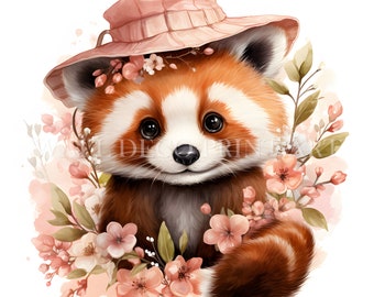 Cute Spring Flower Red Panda Clipart Bundle - 10 High Quality JPG - Digital Download - Commercial Use, Watercolor, Mixed Media, Digital