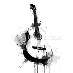 May include: Black and white illustration of an acoustic guitar with a splash paint effect. The guitar is depicted in a realistic style, with detailed strings, sound hole, and fretboard. The background is white.
