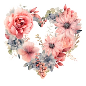 Clipart coeur fleur - 11 fichiers JPG de haute qualité - téléchargements numériques instantanés - usage commercial gratuit, art mural, techniques mixtes, créations numériques en papier