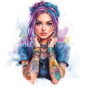 Bundle de cliparts hipster girl with tattoos - image haute qualité - téléchargement numérique usage commercial aquarelle technique mixte papier imprimable