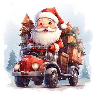 Bundle de cliparts Père Noël monté sur un camion - 10 fichiers JPG haute qualité - téléchargement numérique, usage commercial, aquarelle, techniques mixtes, créations numériques