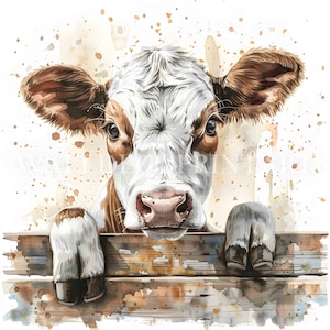 10 Cute Baby Cow e Barm com flores Clipart Bundle - JPGs de alta qualidade - Downloads digitais - Uso comercial, aquarela, mídia mista