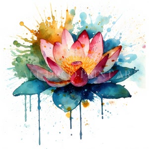 Kleurrijke lotus clipartbundel - 10 hoge kwaliteit JPG's - Digitale downloads - Commercieel gebruik, aquarel, Mixed media, Digital Paper Craft