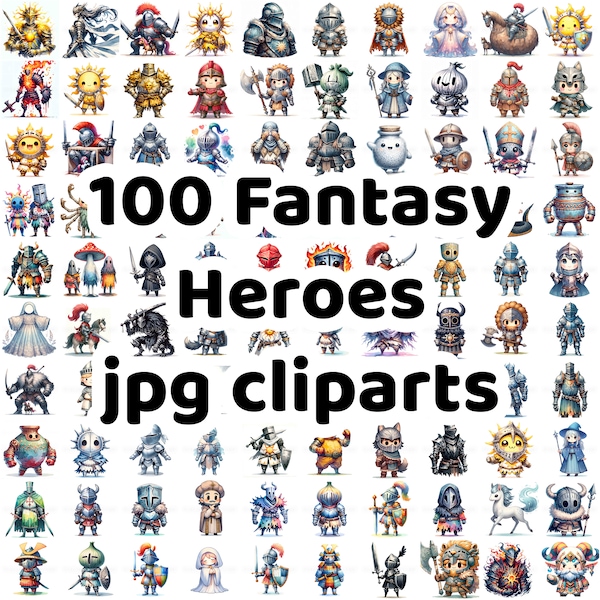 100 Fantasy Heroes Clipart MEGA Bundle - High Quality JPG - Digital Downloads - Commercial Use Watercolor Mixed Media Digital Craft D&D Game