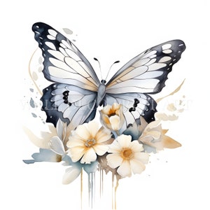 Hermoso paquete de imágenes prediseñadas de mariposas con flores, color blanco, 7 archivos JPG de alta calidad, descargas digitales, uso comercial, acuarela, técnica mixta
