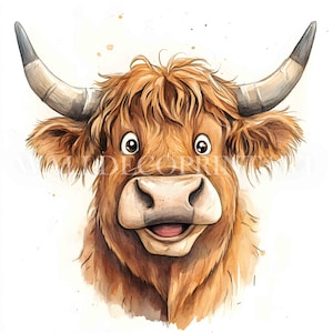 10 clipart fofos de vacas das Terras Altas - JPGs de alta qualidade - Downloads digitais - Uso comercial, aquarela, mídia mista, arte digital em papel