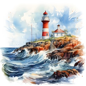 Hermoso paquete de imágenes prediseñadas de faro: 10 archivos JPG de alta calidad, descarga digital, uso comercial, acuarela, técnica mixta, manualidades con papel digital