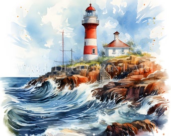 Beautiful Lighthouse Clipart Bundle - 10 High Quality JPGs - Digital Download - Commercial Use, Watercolor, Mixed Media, Digital Paper Craft