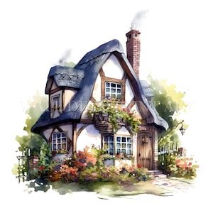 Watercolor Country cottage Clipart Bundle - 10 High Quality JPGs - Digital Downloads - Commercial Use, Watercolor, Mixed Media, Paper Craft