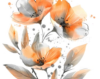 Orange & Silver Abstract Flowers Clipart Bundle - 10 High