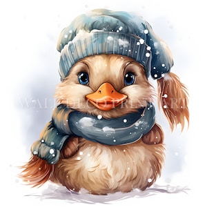 Pacchetto di clipart di anatre invernali carine - 10 JPG di alta qualità - Download digitali - Uso commerciale, acquerello, tecniche miste, artigianato digitale con carta